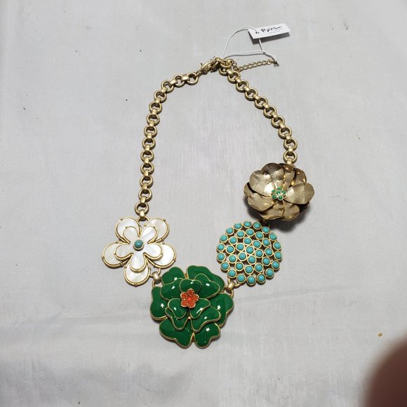 Stella & Dot gold chain necklace with green & ivory enamel and aqua ston… - Picture 2 of 7